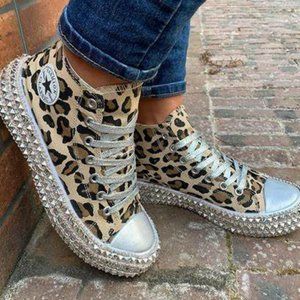 Leopard Rivet Embellished Lace-Up Sneakers Women's Shoes 6.5